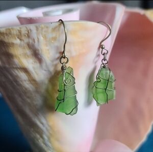 Green Sea Glass Wrapped with Metal Wire